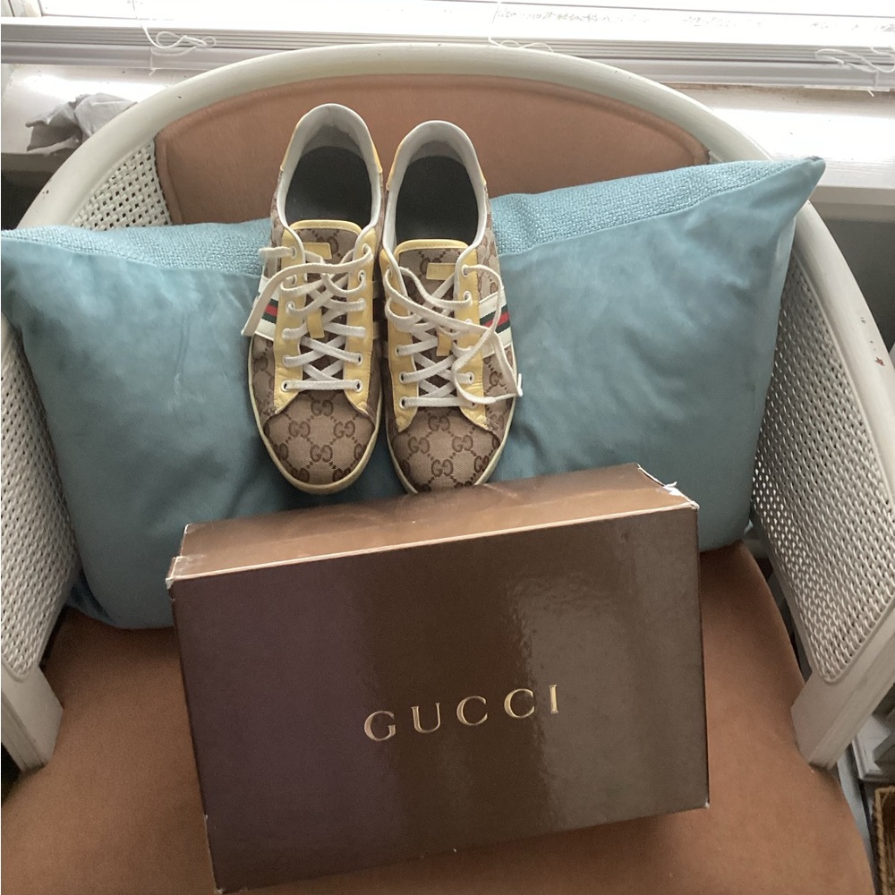 Gucci Beige and Yellow Logo Sneakers
